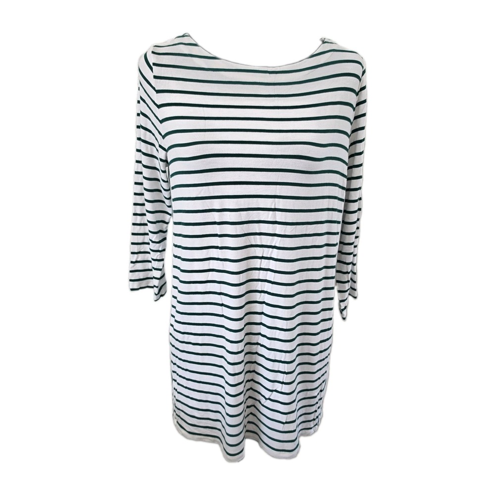 J Jill Wearever Green White Stripe Knit Shift Dress Sz M 3/4 Slv Rayon Stretch